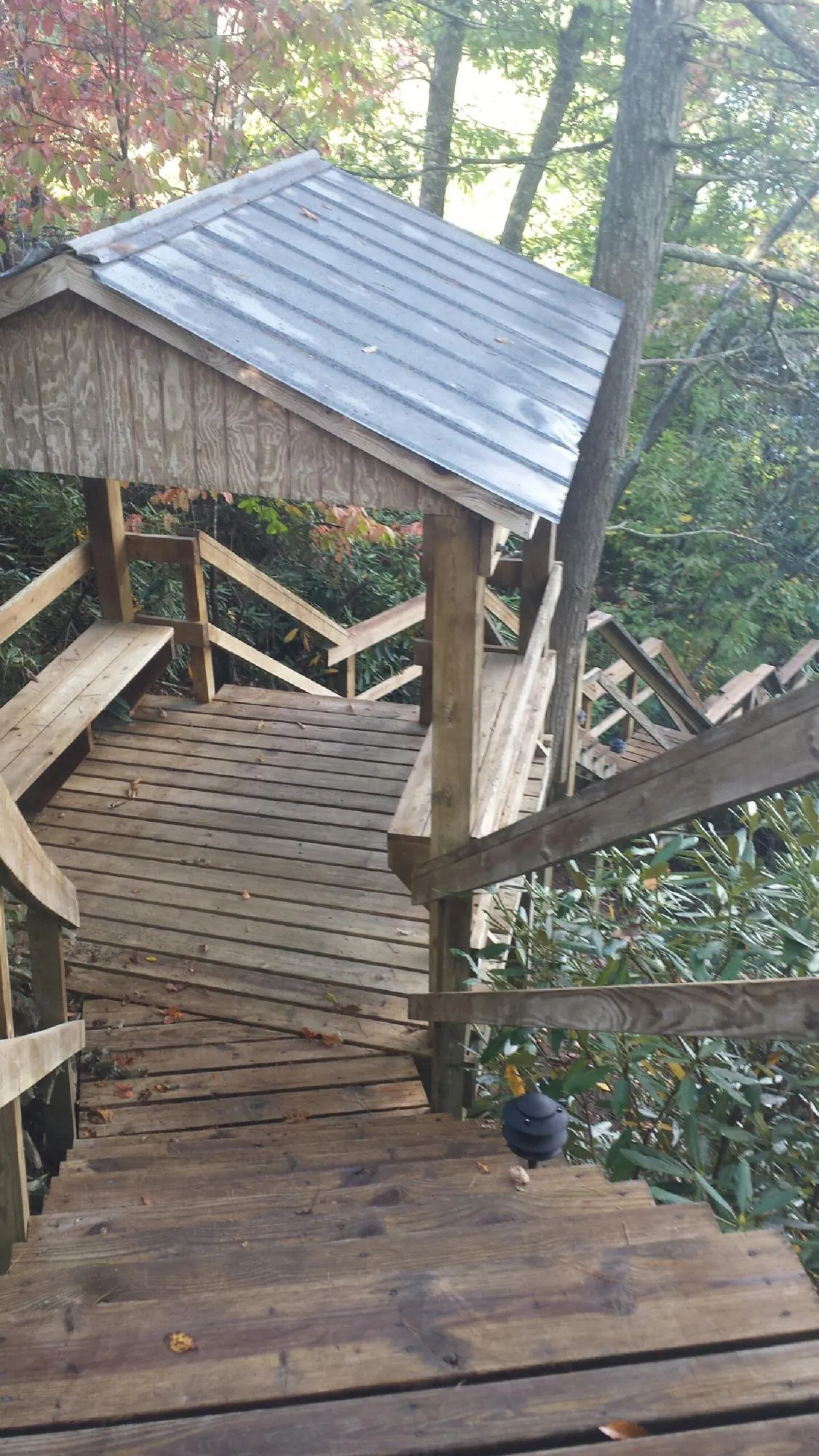 Metal roofed shelter over wooden steps on a wooded walkway — Skylight Repair & Installation work by our crew in Willernie